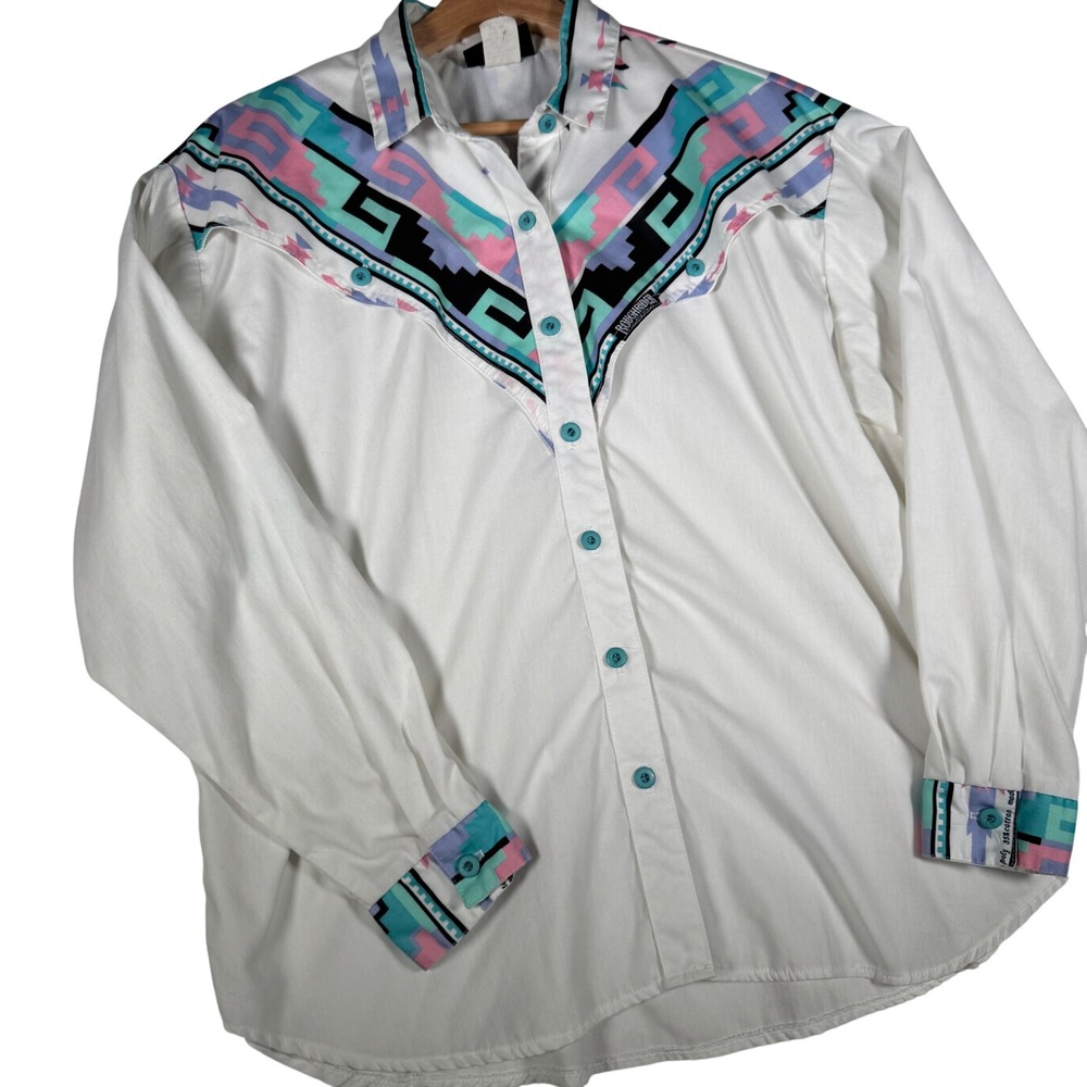 Roughrider Circle T Vintage Western Shirt White Southwestern Print Womens 11/12